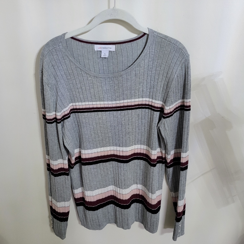 Liz Claiborne Light Gray Ribbed Sweater with Pink and Burgundy Stripes, Size XL
